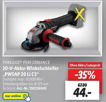 Lidl Parkside performance 20-v-akku-winkelschleifer pwsap 20 li c3 Angebot