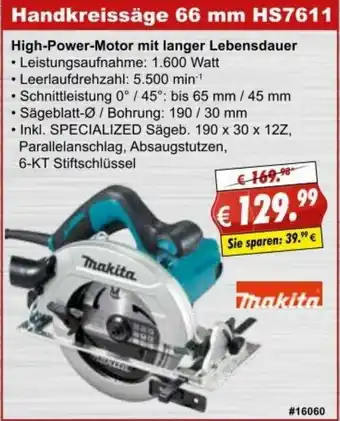 Stabilo Fachmarkt Makita Handkreissäge 66 mm HS7611 Angebot