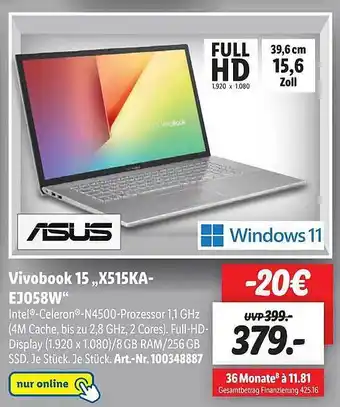 Lidl Asus vivobook 15 „x515ka-ej058w“ Angebot