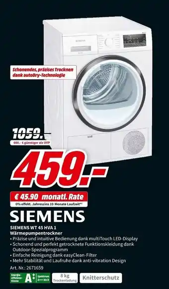 MediaMarkt SIEMENS Warmepumpentrockner  l  WT 45 HVA 1 Angebot