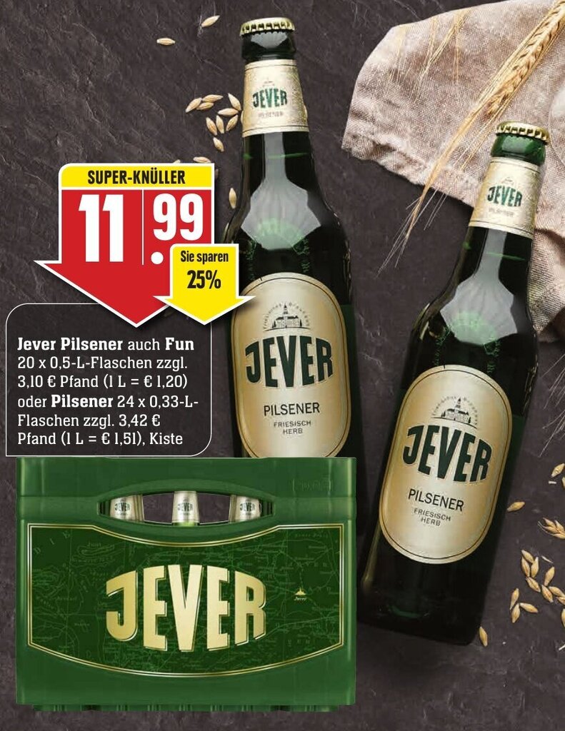 Jever Pilsener auch Fun 20x0,5 L oder Pilsener 24x0,33 L Angebot bei