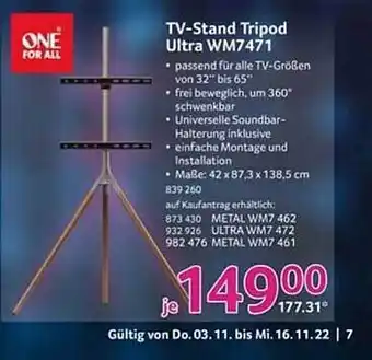 Selgros One for all tv-stand tripod ultra wm7471 Angebot