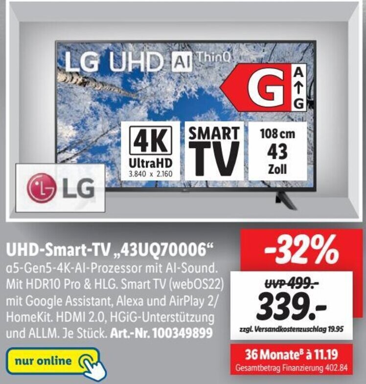 LG UHD Smart TV ,,43UQ70006" Angebot bei Lidl