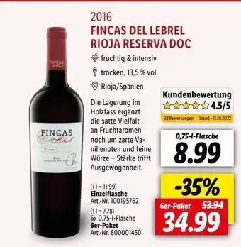 Lidl 2016 fincas del lebrel rioja reserva doc Angebot