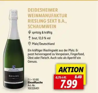 Lidl Deidesheimer weinmanufaktur riesling sekt b.a., schaumwein Angebot