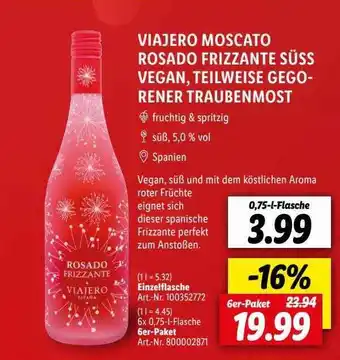 Lidl Viajero moscato rosado frizzante süss vegan, teilweise gegorener traubenmost Angebot