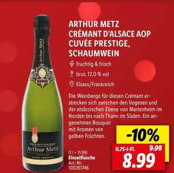 Lidl Arthur metz crémant d'alsace aop cuvée prestige, schaumwein Angebot