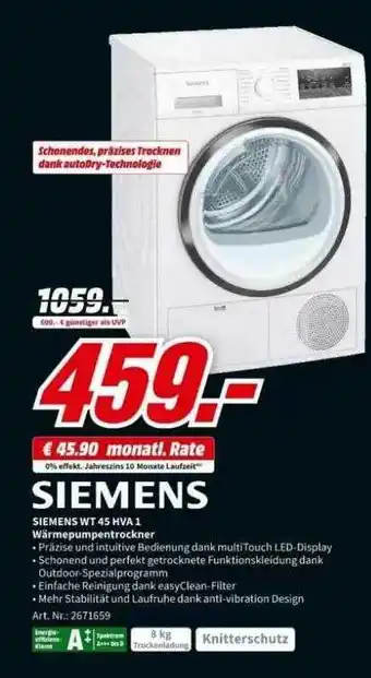 MediaMarkt Siemens wt 45 hva 1 wärmepumpentrockner Angebot