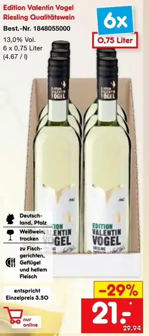 Netto Marken-Discount Edition Valentin Vogel Riesling Qualitätswein 6x0,75L Angebot