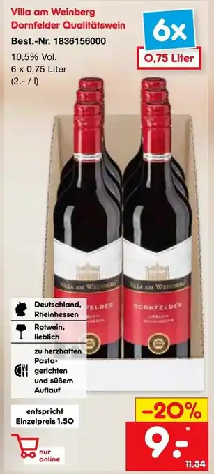 Netto Marken-Discount Villa am Weinberg Dornfelder Qualitätswein 6x0,75L Angebot