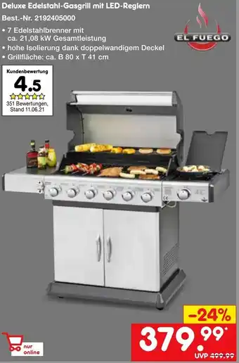 Netto Marken-Discount EL Fuego Deluxe Edelstahl Gasgrill mit LED Reglern Angebot