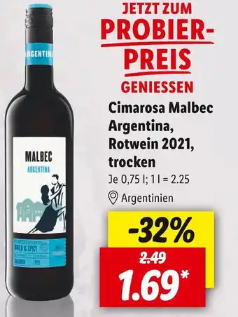 Lidl Cimarosa malbec argentina, rotwein 2021, trocken Angebot