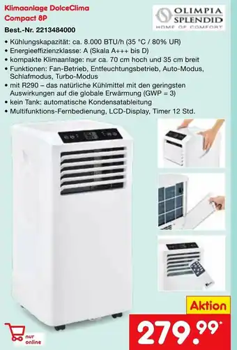 Netto Marken-Discount Olimpia Splendid Klimaanlage DolceClima Compact 8P Angebot