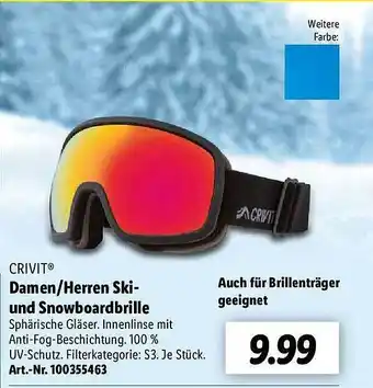 Lidl Crivit damen oder herren ski- und snowboardbrille Angebot