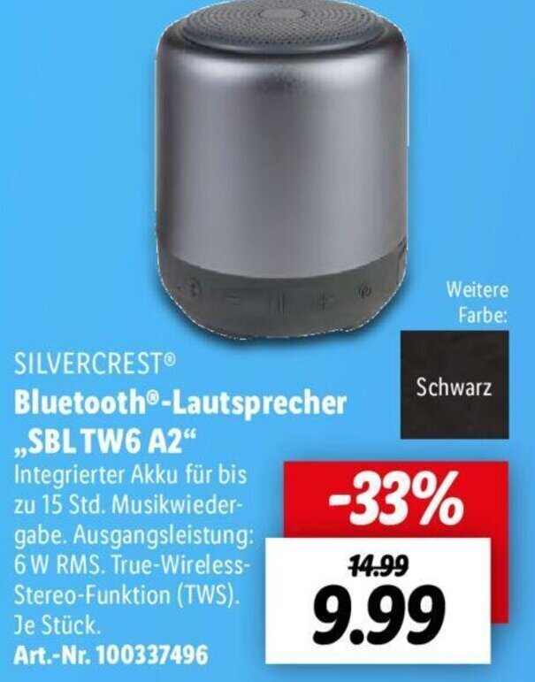 Silvercrest Bluetooth Lautsprecher ,,SBL TW6 A2" Angebot bei Lidl