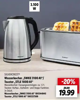 Lidl Silvercrest Wasserkocher ,,SWKE 3100 A1"/Toaster ,,STLE 1000 A1" Angebot