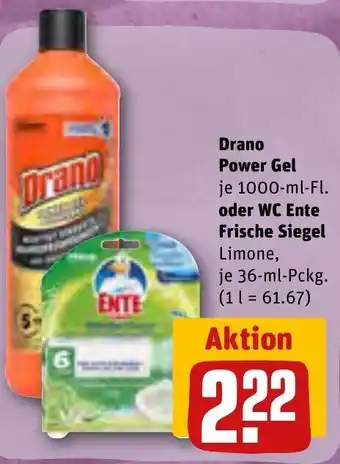 REWE Drano Power Gel 1000 ml Fl. oder WC Ente Frische Siegel 36 ml Pckg. Angebot