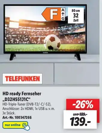 Lidl Telefunken HD ready Fernseher ,,D32H551J1C" Angebot