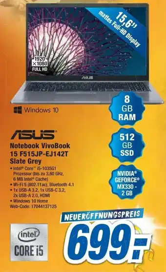 Expert Asus Notebook VivoBook 15 F515JP-EJ142T Slate Grey Angebot