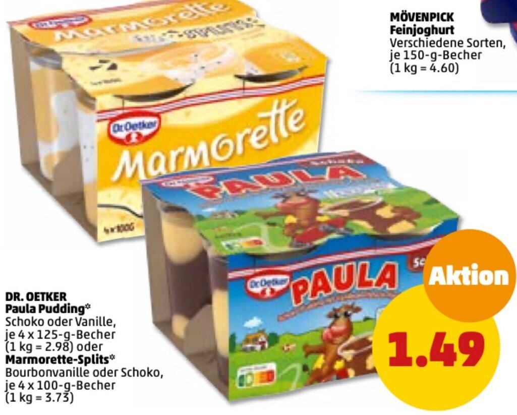 Dr. Oetker Paula Pudding 4x125 g oder Marmorette Splits 4x100 g Becher