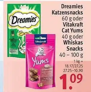 Rossmann Dreamies katzensnacks oder vitakraft cat yums oder whiskas snacks Angebot