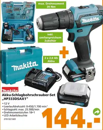 Globus Baumarkt Makita Akku Schlagbohrschrauber Set ,,HP333DSAX1" Angebot