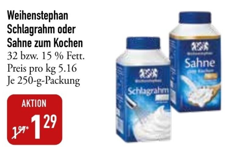Weihenstephan Schlagrahm oder Sahne zum Kochen 250 g Packung Angebot bei Galeria Markthalle
