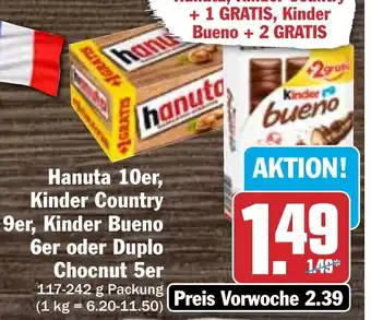 Hit Hanuta 10er, Kinder Country 9er, Kinder Bueno 6er oder Duplo Chocnut 5er 117-242 g Packung Angebot