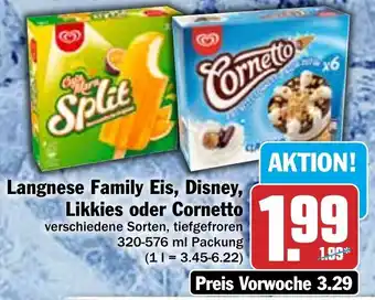 Hit Langnese Family Eis, Disney, Likkies oder Cornetto 320-576 ml Packung Angebot