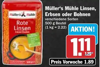 Hit Müller's Mühle Linsen, Erbsen oder Bohnen 500 g Beutel Angebot