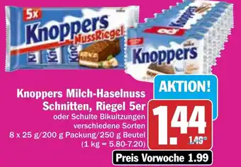 Hit Knoppers Milch Haselnuss Schnitten, Riegel 5er 8x25 g/200 g Packung/250 g Beutel Angebot