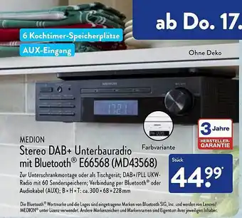 Aldi Nord Medion stereo dab+ unterbauradio mit bluetooth e66568 (md43568) Angebot