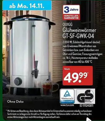 Aldi Nord Quigg glühweinwärmer gt-sf-gwk-04 Angebot