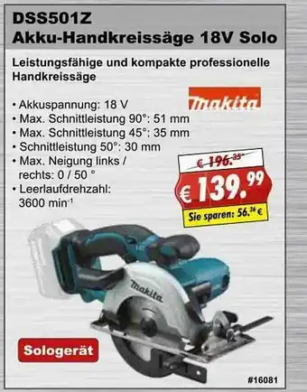 Stabilo Fachmarkt Makita Dss501z Akku-handkreissäge 18v Solo Angebot