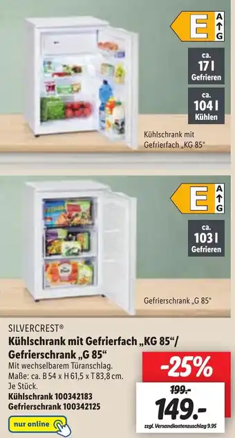 Lidl Silvercrest Kühlschrank mit Gefrierfach ,,KG 85|" Angebot