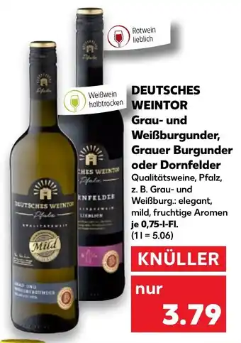 Kaufland Deutsches Weintor Grau und Weißburgunder, Grauer Burgunder oder Dornfelder 0,75 L-Fl. Angebot