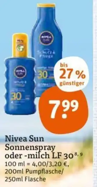 tegut Nivea Sun Sonnenspray oder milch LF 30 200/250ml Angebot