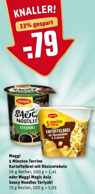 REWE Maggi 5 Minuten Terrine Kartoffelbrei mit Röstzwiebeln 56g oder Maggi Magic Asia Saucy Noodles Teriyaki 75g Angebot