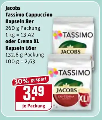 REWE Jacobs Tassimo Cappuccino Kapseln 8er 260g oder Crema XL Kapseln 16er Angebot