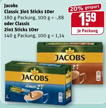 REWE Jacobs Classic 3in1 Sticks 10er 180g oder Classic 2in1 Sticks 10er 140g Angebot