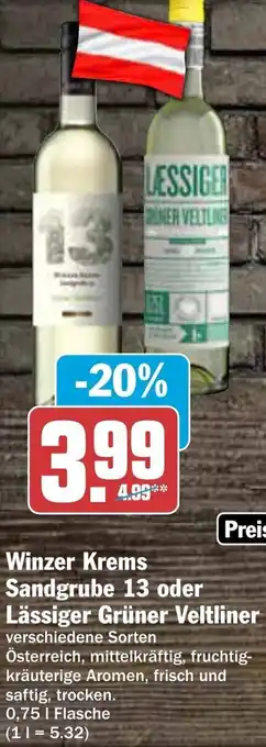 AEZ Winzer Krems Sandgrube 13 oder Lässiger Grüner Veltliner 0,75 L Flasche Angebot