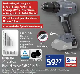 Aldi Nord Ferrex Pro 20 V Akku Bohrschrauber FAB 20-N BL Angebot