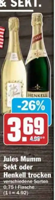 Hit Jules Mumm Sekt o. Henkell trocken 750ml Angebot