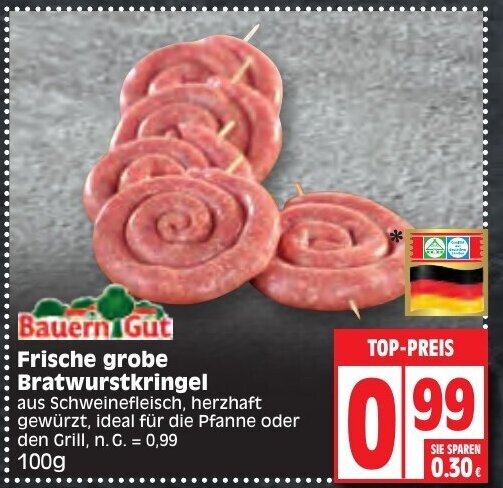 Bauern Gut Frische grobe Bratwurstkringel 100 g Angebot bei Edeka