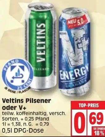 Edeka Veltins Pilsener oder V+ 0,5 L DPG Dose Angebot