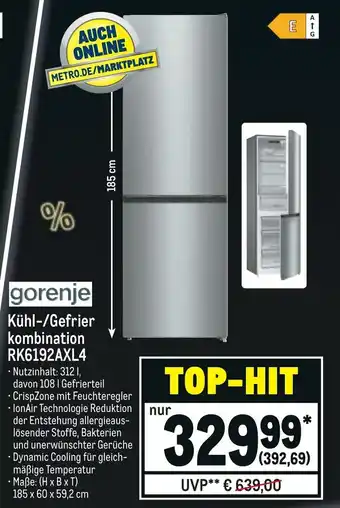 METRO Gorenje Kühl Gefrierkombination RK6192AXL4 Angebot