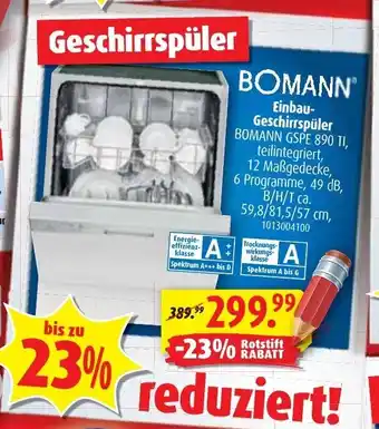 ROLLER Bomann Einbau Geschirrspüler Angebot