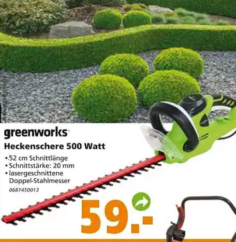 Globus Baumarkt Greenworks Heckenschere 500 Watt Angebot