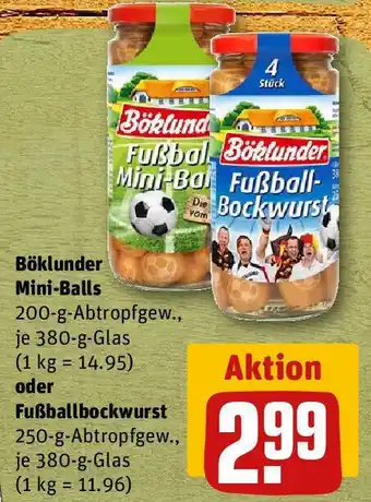 REWE Böklunder Mini Balls 380 g Glas oder Fußballbockwurst 380 g Glas Angebot