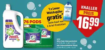 REWE Ariel All in 1 Pods Colorwaschmittel 76 WL Btl. oder Colorwaschmittel flüssig 100 WL Fl. Angebot